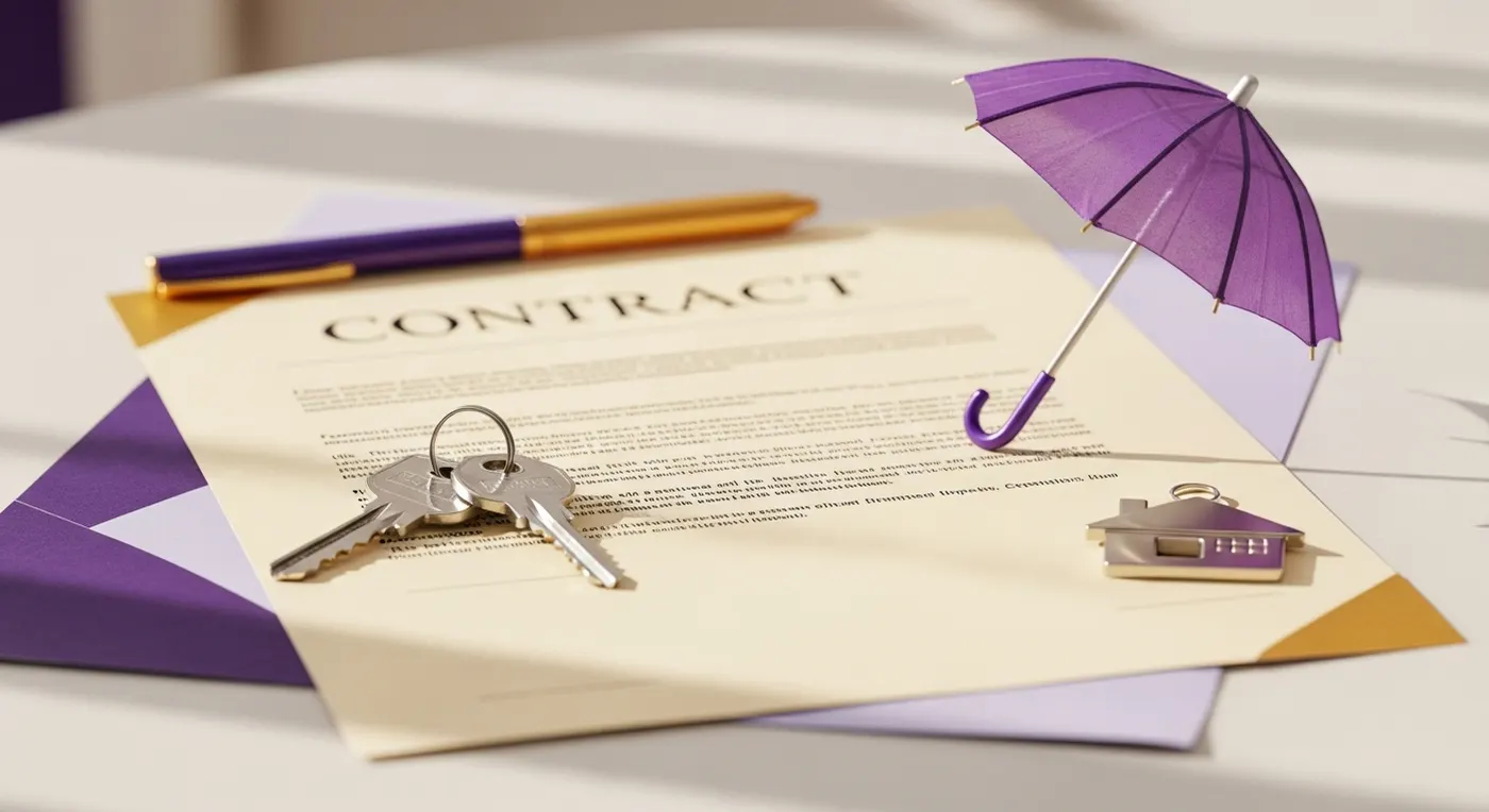 Contrat d'assurance et clés posés sur une table claire, ambiance violette et crème