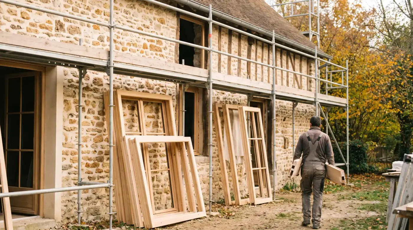 Maison en pierre meulière en cours de rénovation, échafaudage et fenêtres en bois neuves posées contre la façade