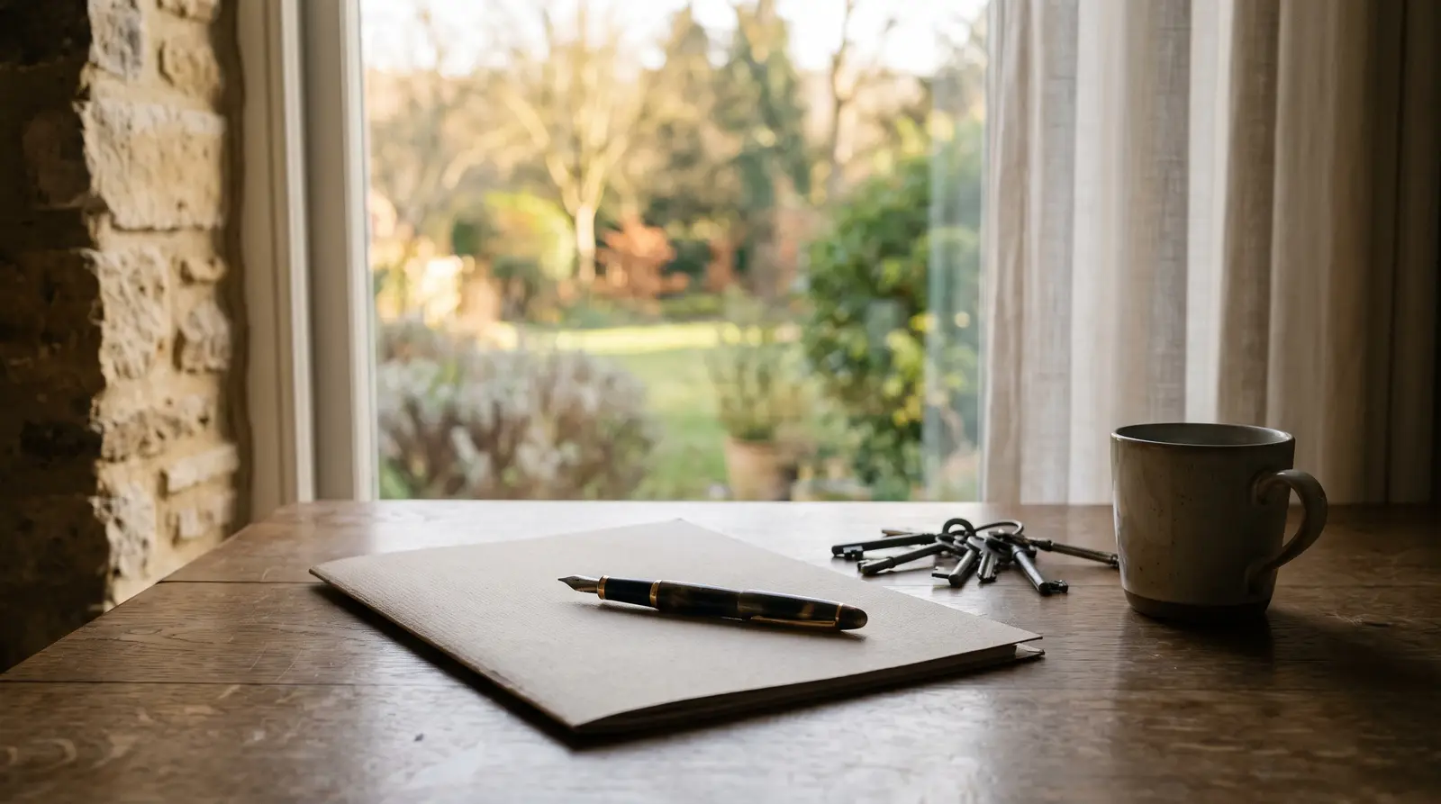 Chemise cartonnée, stylo plume et trousseau de clés posés sur une table près d'une fenêtre ouverte sur un jardin